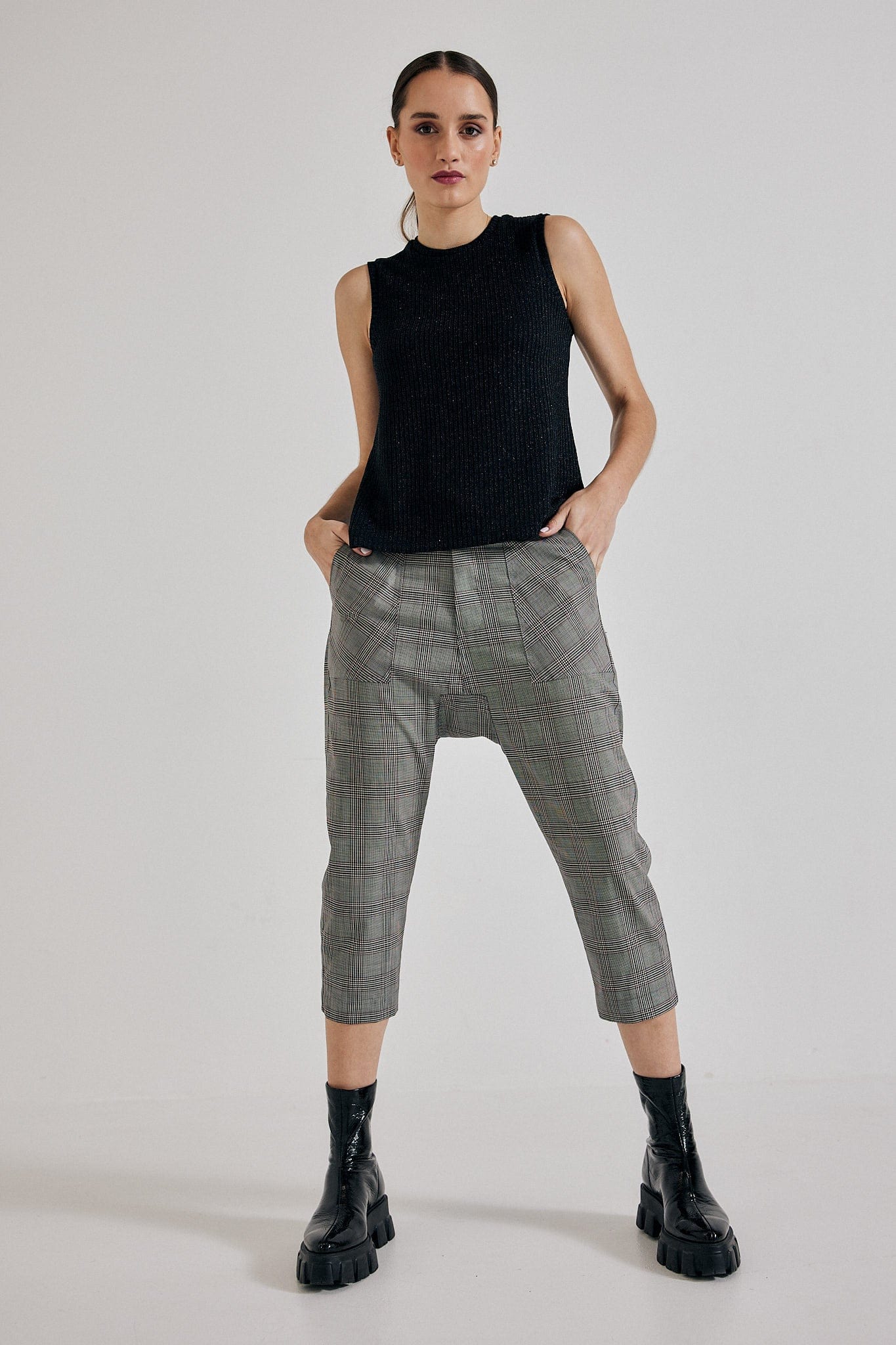 Lindsay Nicholas New York Pants Maverick Drop Crotch Pant in Grey/Burgundy Check