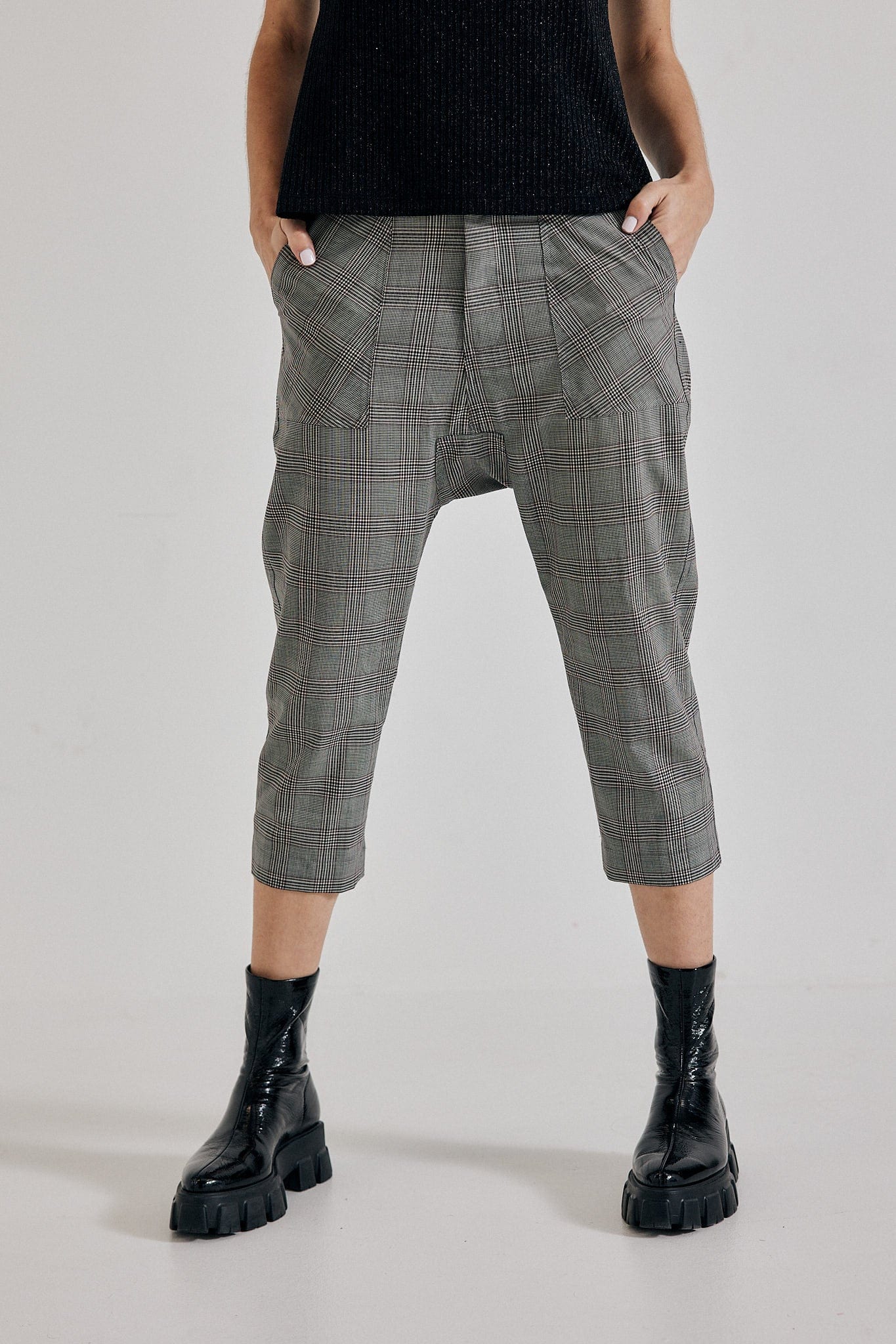 Lindsay Nicholas New York Pants Maverick Drop Crotch Pant in Grey/Burgundy Check