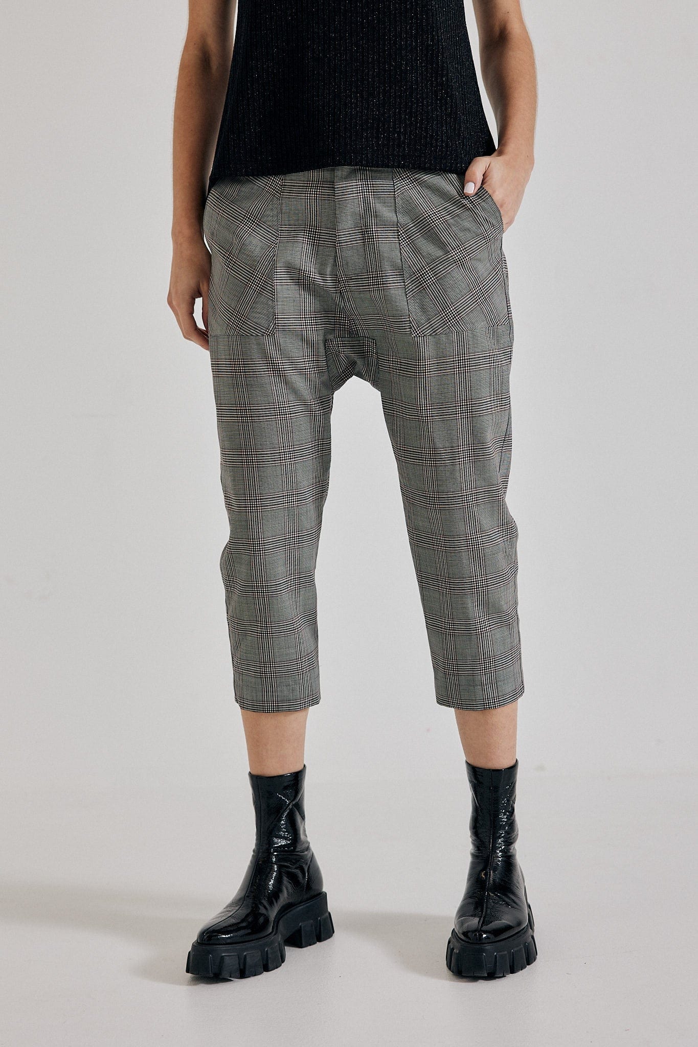 Lindsay Nicholas New York Pants Maverick Drop Crotch Pant in Grey/Burgundy Check