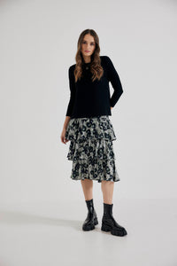 Lindsay Nicholas New York midi Elena Francesca Tiered Skirt in Black and Purple Peony