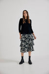 Lindsay Nicholas New York midi Elena Francesca Tiered Skirt in Black and Purple Peony