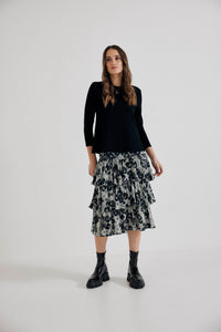 Lindsay Nicholas New York midi Elena Francesca Tiered Skirt in Black and Purple Peony