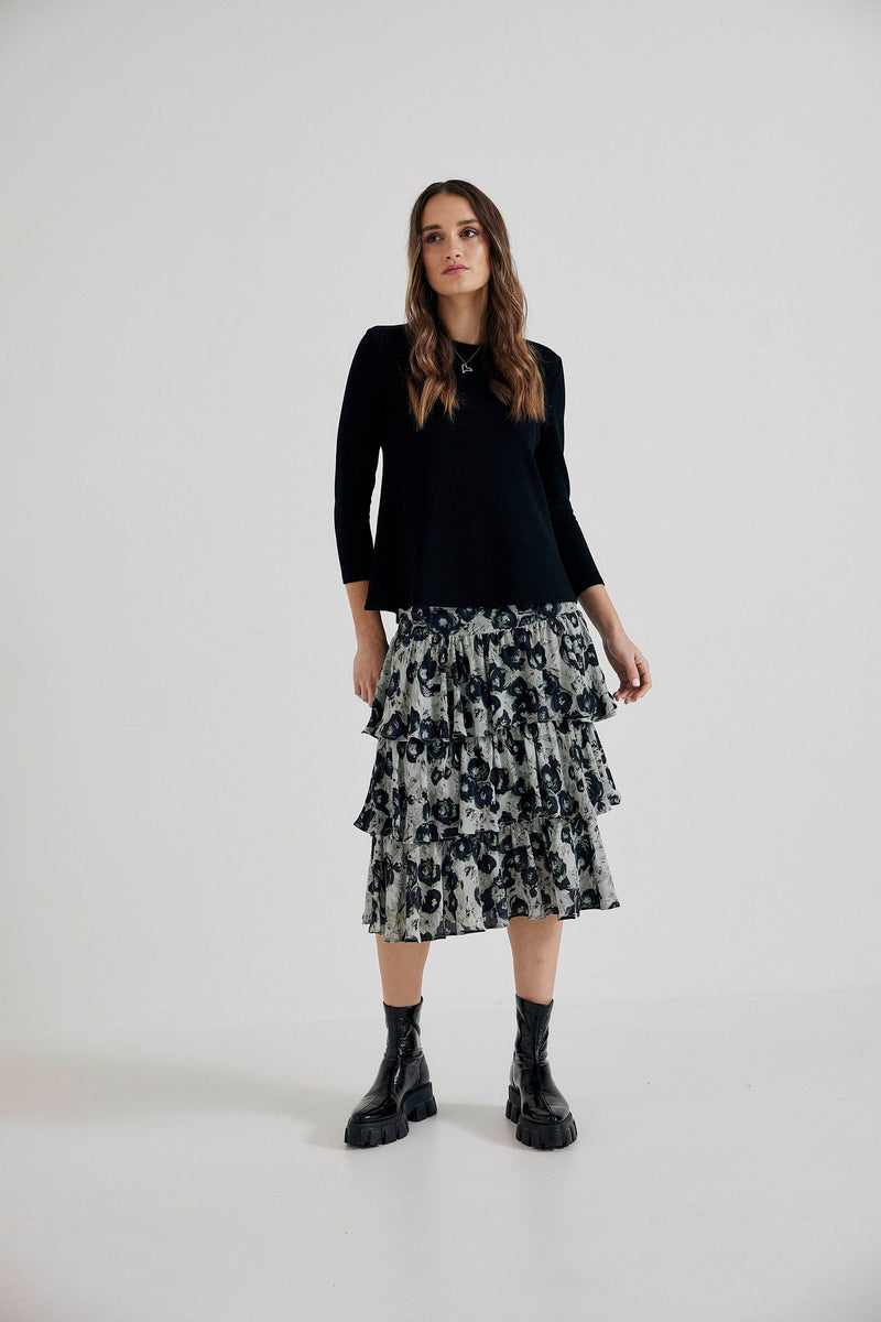 Lindsay Nicholas New York midi Elena Francesca Tiered Skirt in Black and Purple Peony