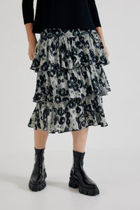 Lindsay Nicholas New York midi Elena Francesca Tiered Skirt in Black and Purple Peony