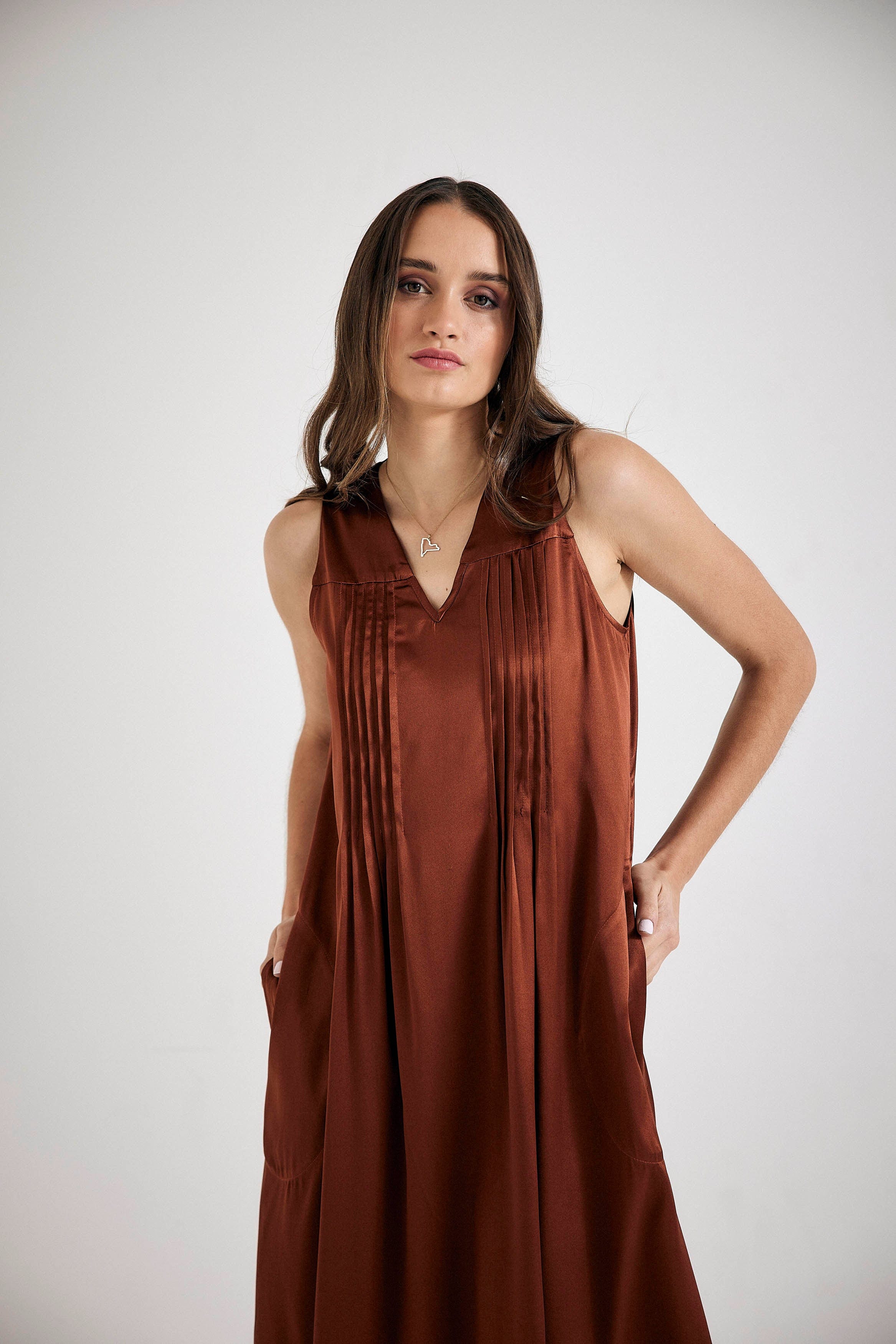 cinnamon silk dress Flowing Champagne Satin Wrap Dress In Cinnamon