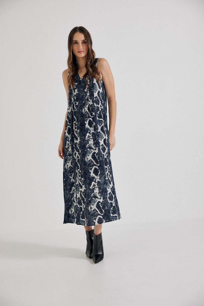 Lindsay Nicholas New York Apparel & Accessories Maxi Dress in Blue Python Silk