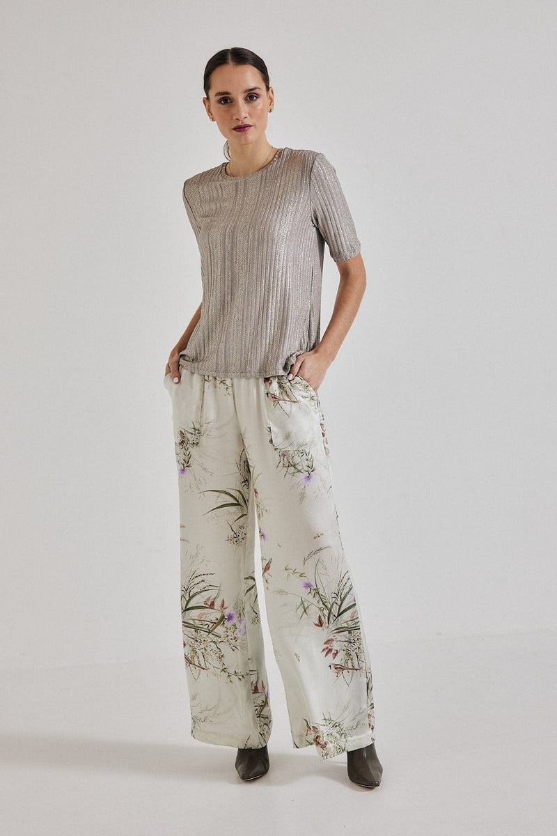 Lindsay Nicholas New York Pants Freya Pant in Crème Bird Fleur Silk Satin
