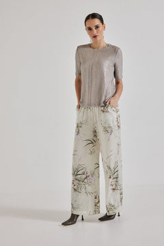Lindsay Nicholas New York Pants Freya Pant in Crème Bird Fleur Silk Satin
