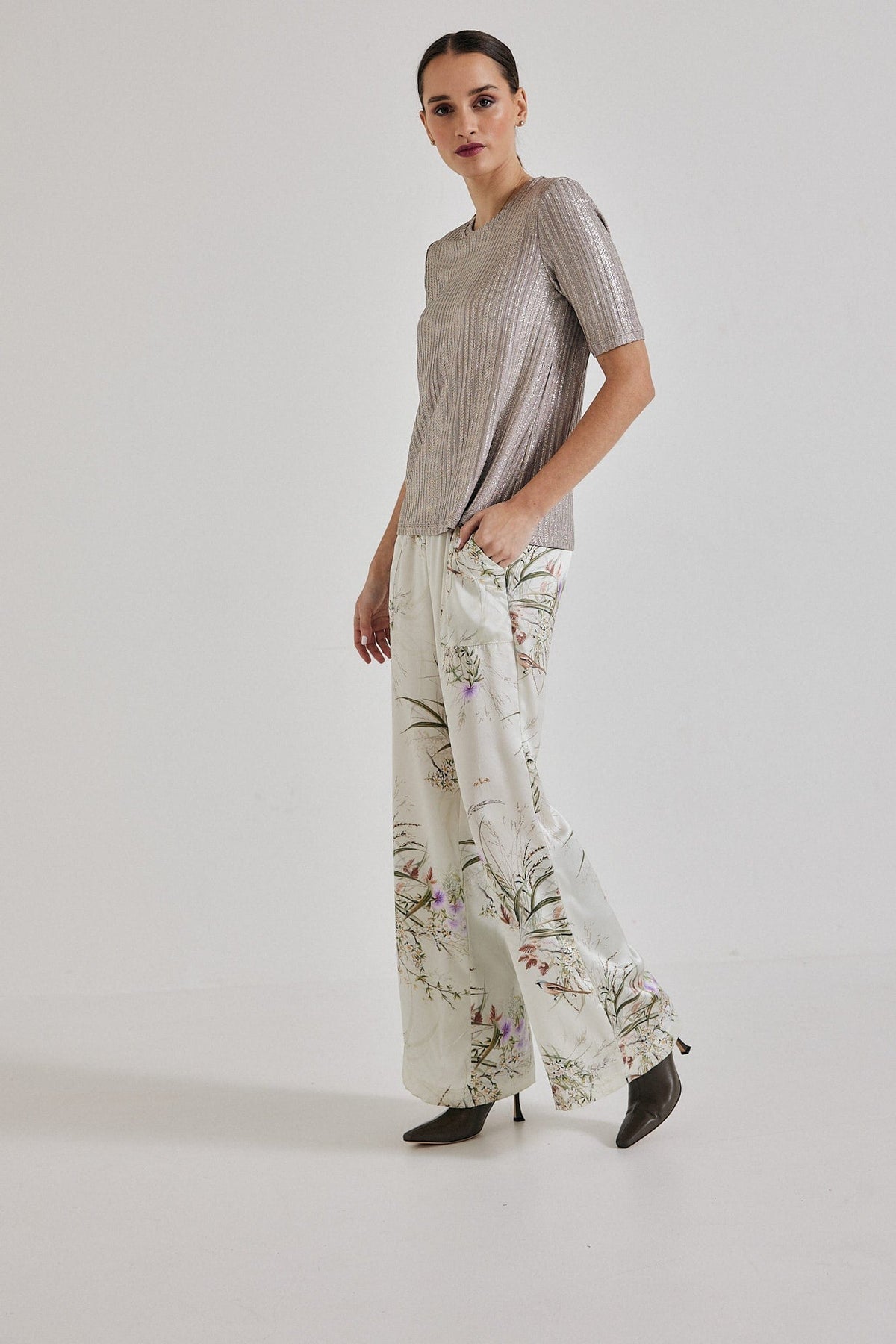 Lindsay Nicholas New York Pants Freya Pant in Crème Bird Fleur Silk Satin