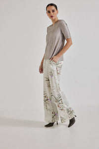 Lindsay Nicholas New York Pants Freya Pant in Crème Bird Fleur Silk Satin