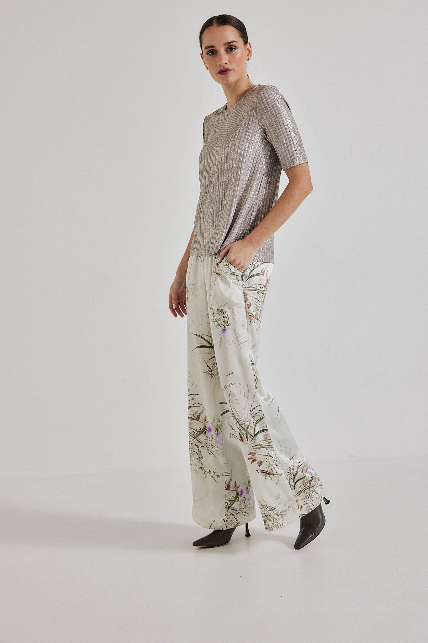 Lindsay Nicholas New York Pants Freya Pant in Crème Bird Fleur Silk Satin