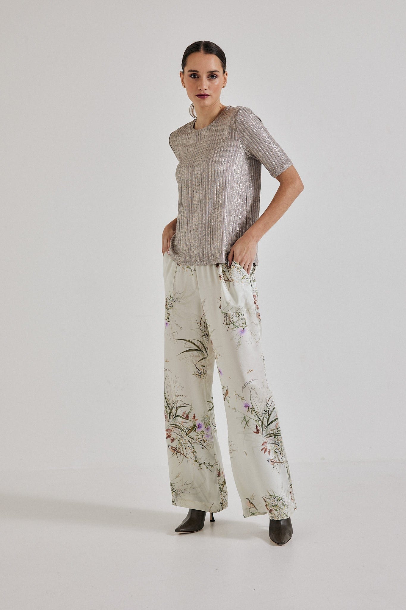 Lindsay Nicholas New York Pants Freya Pant in Crème Bird Fleur Silk Satin