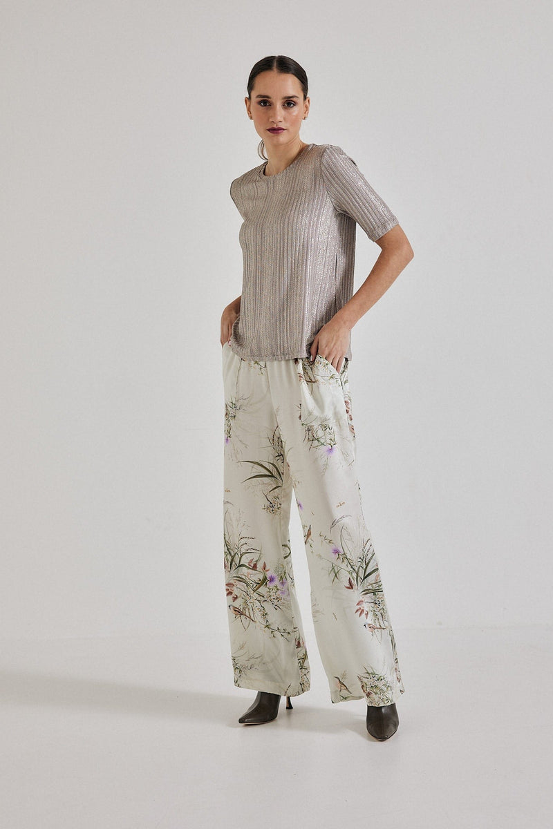 Lindsay Nicholas New York Pants Freya Pant in Crème Bird Fleur Silk Satin