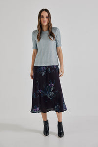 Lindsay Nicholas New York midi Duchess Midi Skirt in Plum Bird Fleur Silk