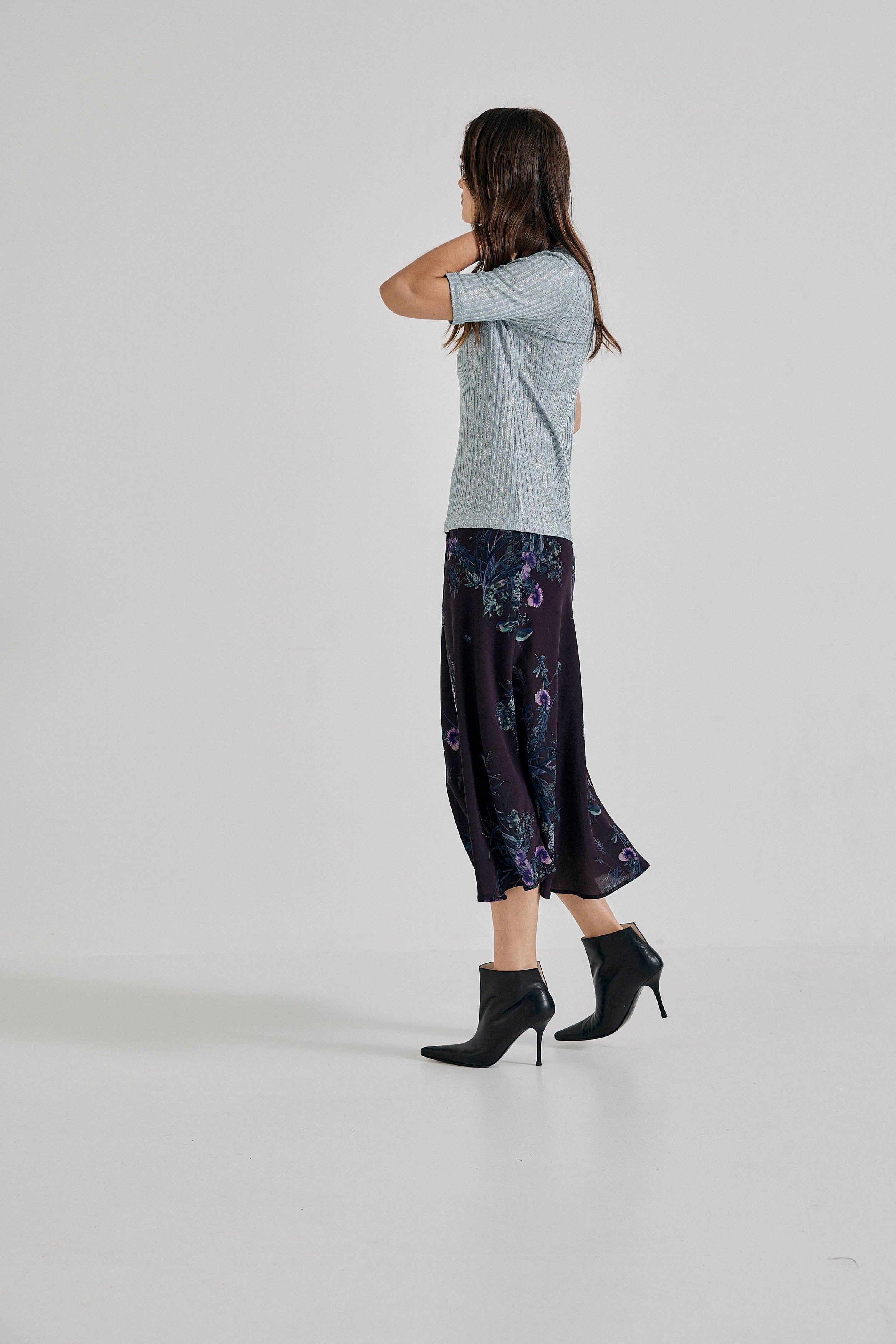 Lindsay Nicholas New York midi Duchess Midi Skirt in Plum Bird Fleur Silk