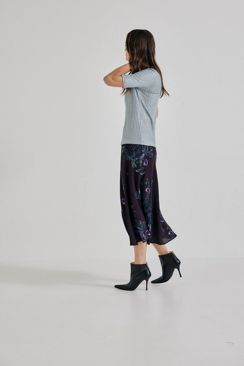 Lindsay Nicholas New York midi Duchess Midi Skirt in Plum Bird Fleur Silk