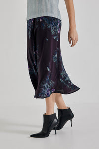 Lindsay Nicholas New York midi Duchess Midi Skirt in Plum Bird Fleur Silk