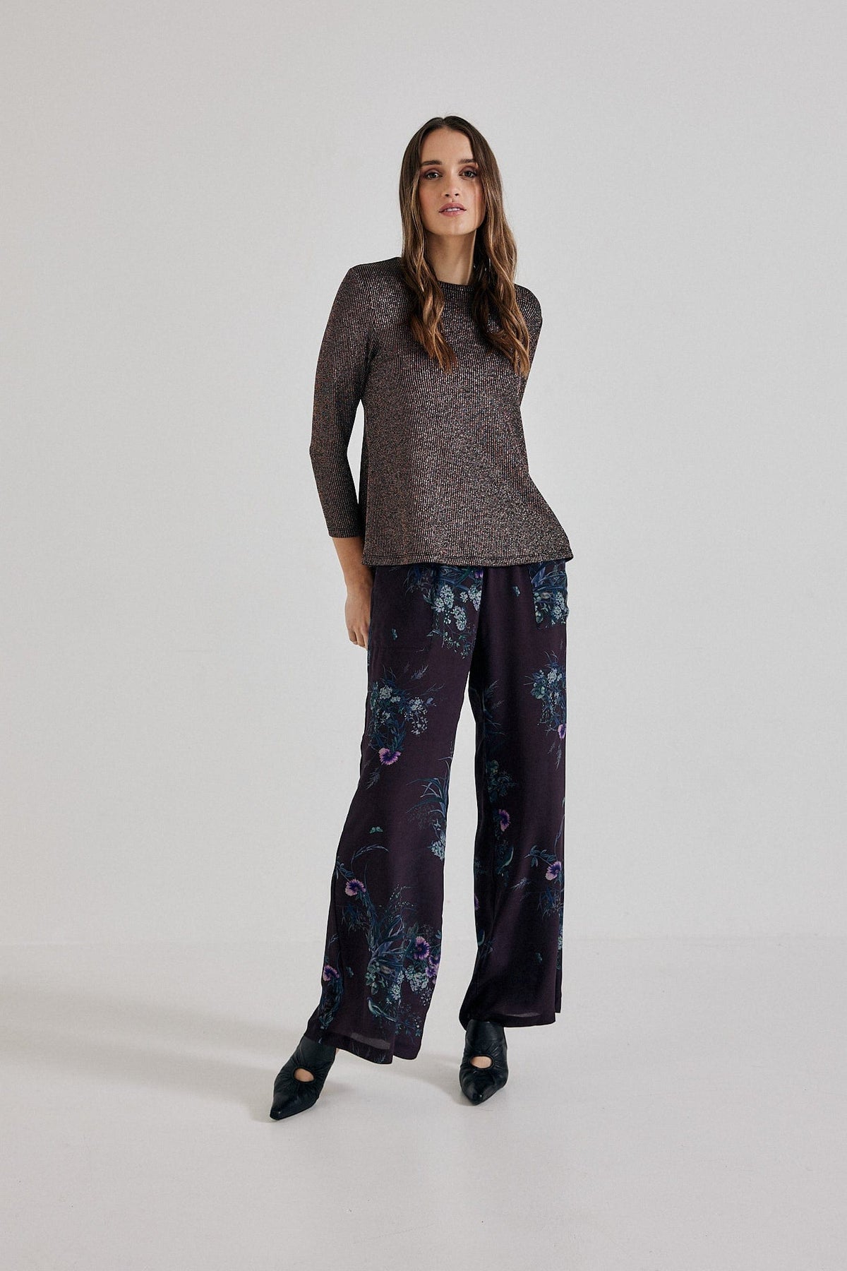 Lindsay Nicholas New York Pants Freya Pant in Plum Bird Fleur Silk