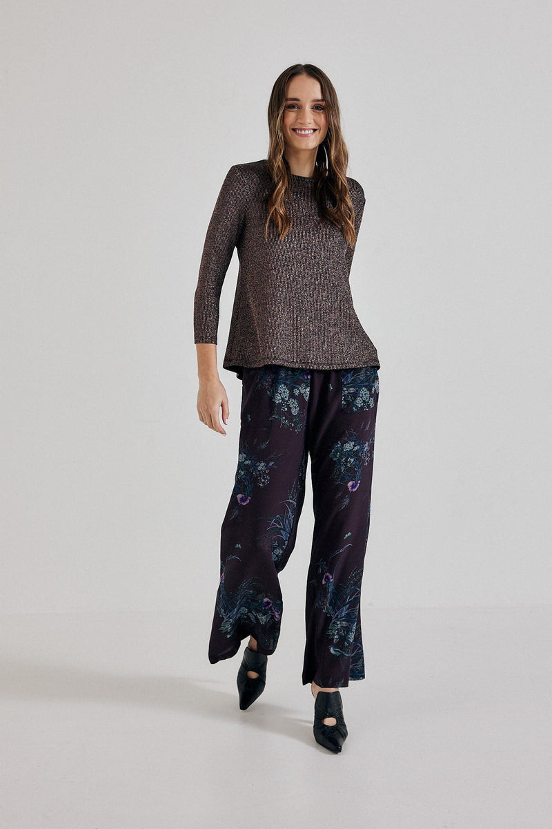 Lindsay Nicholas New York Pants Freya Pant in Plum Bird Fleur Silk