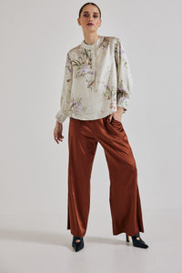 Lindsay Nicholas New York blouse Poet Blouse in Crème Bird Fleur Silk Satin