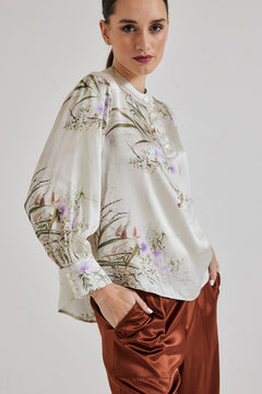 Poet Blouse in Crème Bird Fleur Silk