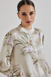 Lindsay Nicholas New York blouse Poet Blouse in Crème Bird Fleur Silk Satin