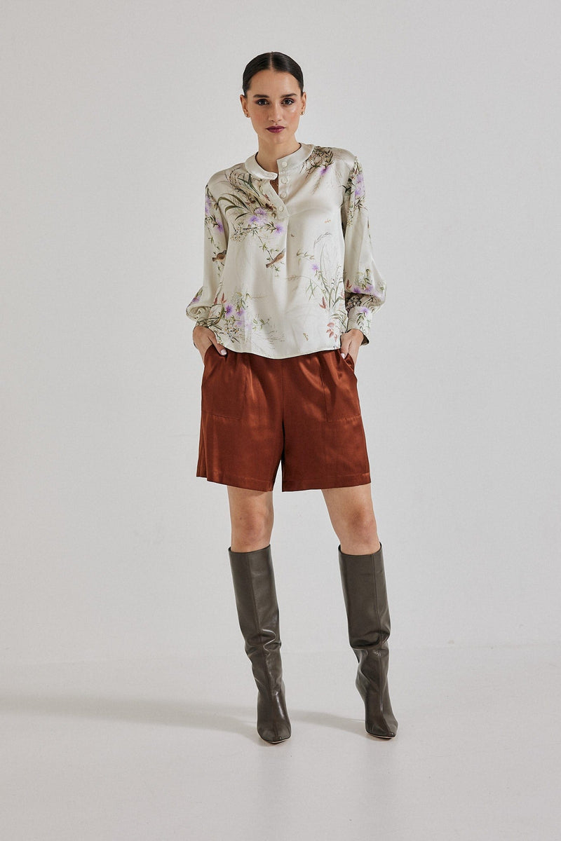 Lindsay Nicholas New York blouse Poet Blouse in Crème Bird Fleur Silk Satin