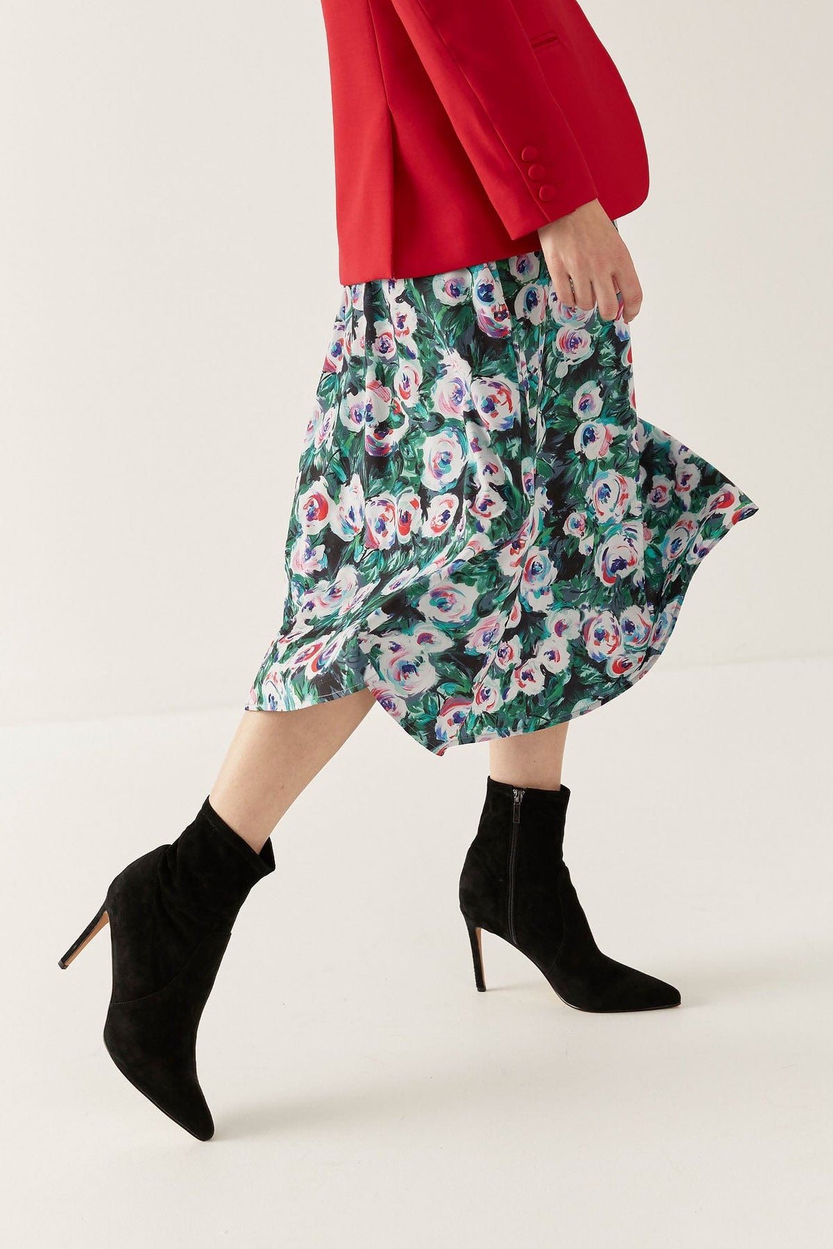 Lindsay Nicholas New York midi Duchess Skirt in Green & Pink Peony