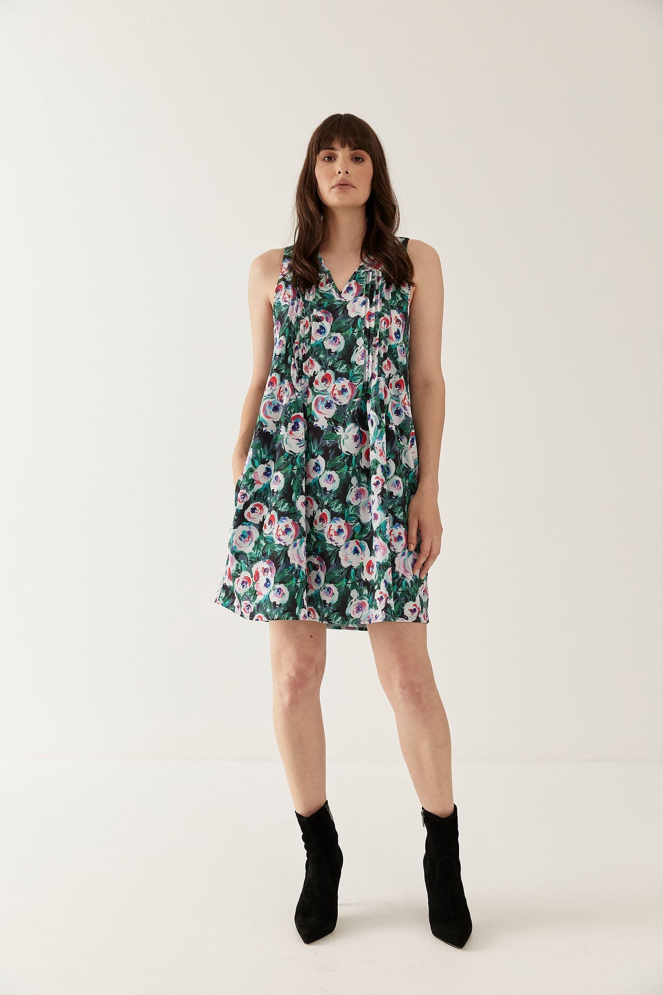 Lindsay Nicholas New York Dresses Pintuck Mini Dress in Pink & Green Peony