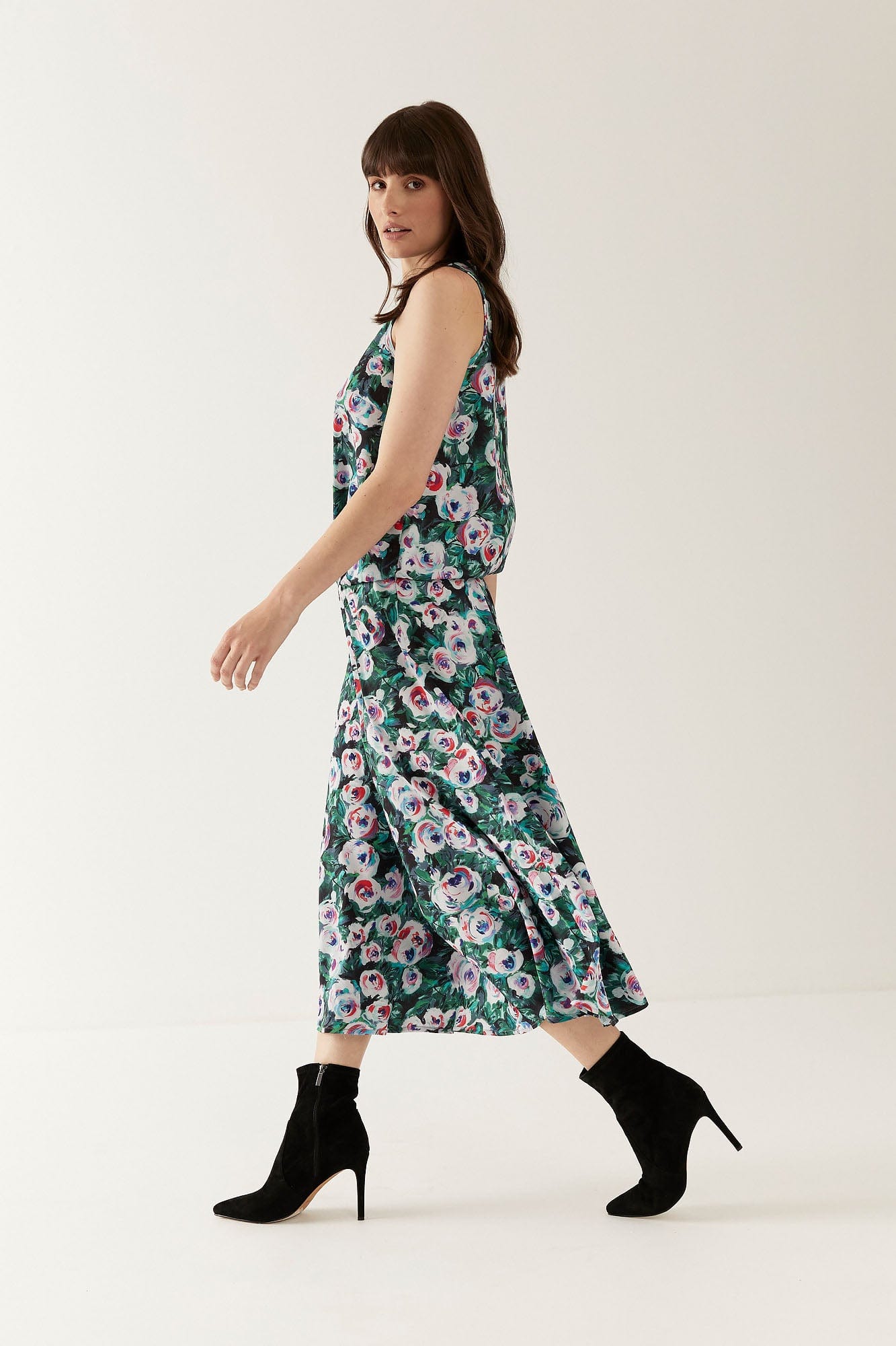 Romeo Blouson Dress in Green & Pink Peony