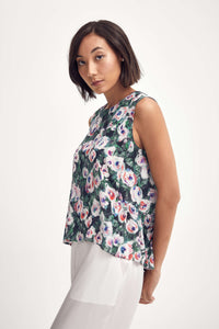 Lindsay Nicholas New York Sleeveless Tops Silk Peplum Top in Pink & Green Peony