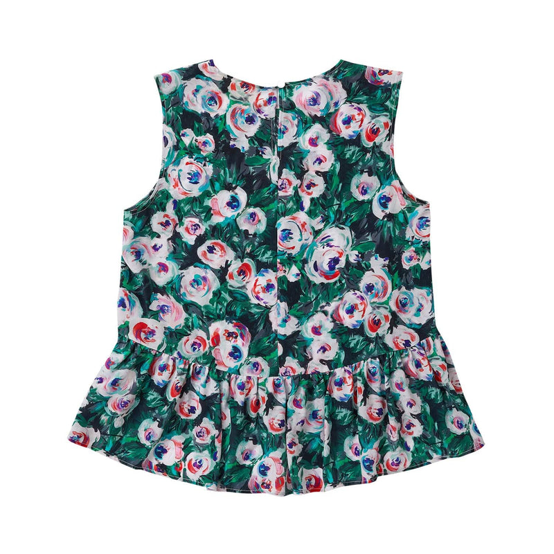 Lindsay Nicholas New York Sleeveless Tops Silk Peplum Top in Pink & Green Peony
