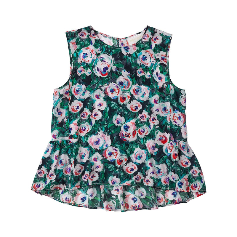 Lindsay Nicholas New York Sleeveless Tops Silk Peplum Top in Pink & Green Peony